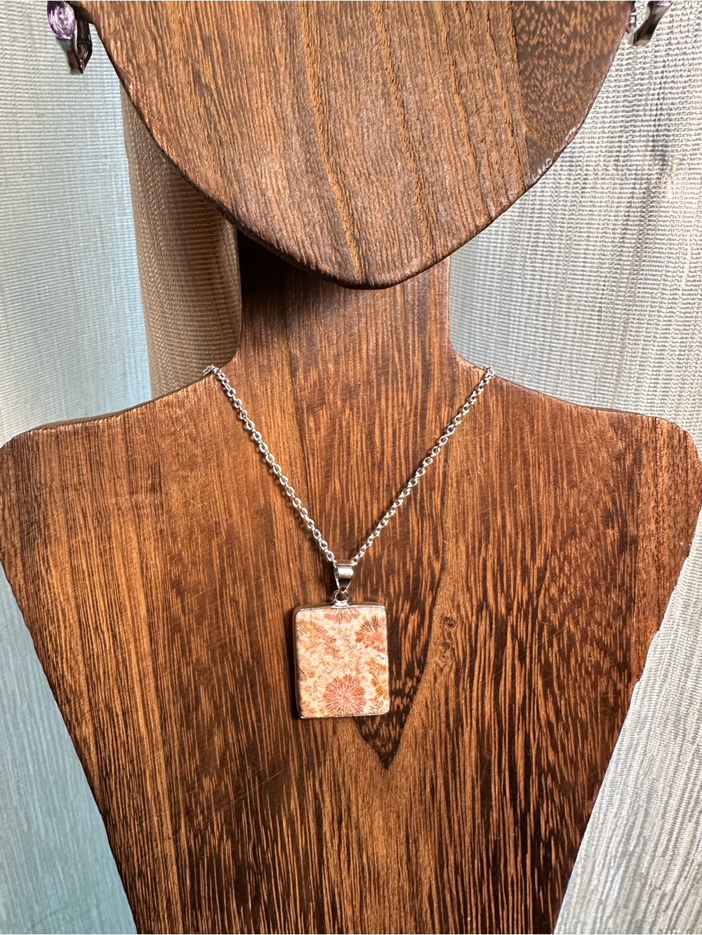 Coral Fossil Pendant Necklace on Silver Plated Box Chain - Picture 7 of 16
